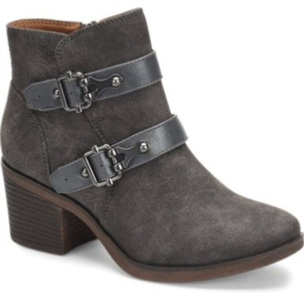 Women's Gray Suede Ankle Boots with Buckle Straps